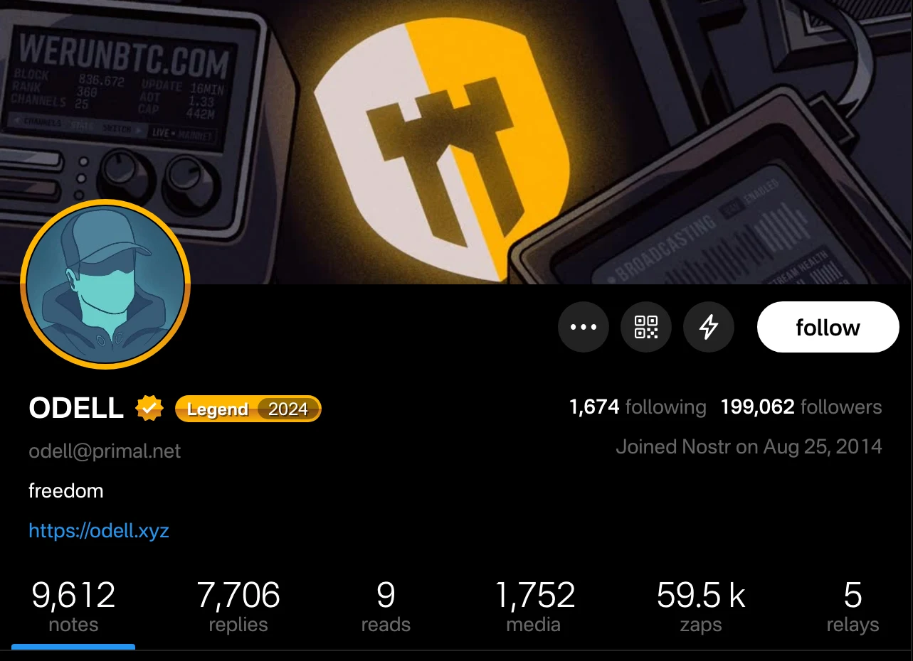 ODELL’s Nostr profile on Primal, with his 199,062 followers